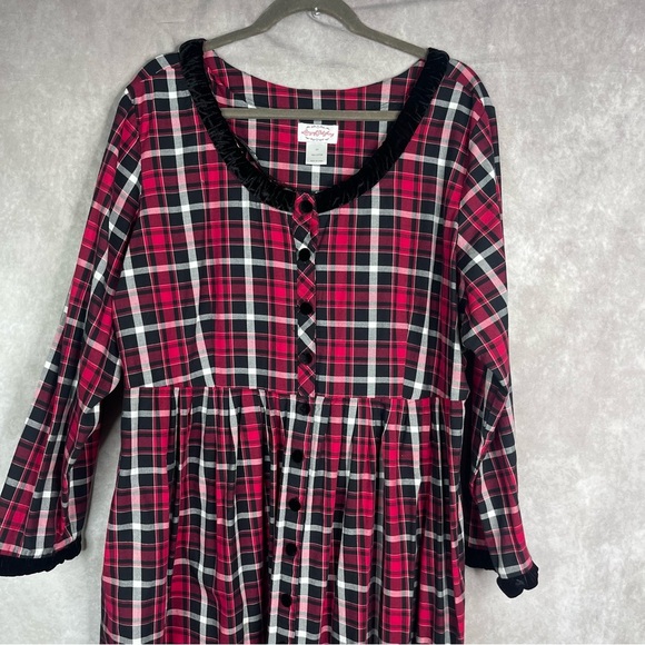 Lanz Of Salzburg Plaid Velvet Trim Flannel Nightgown Dress In Red Size 2X - Picture 4 of 7